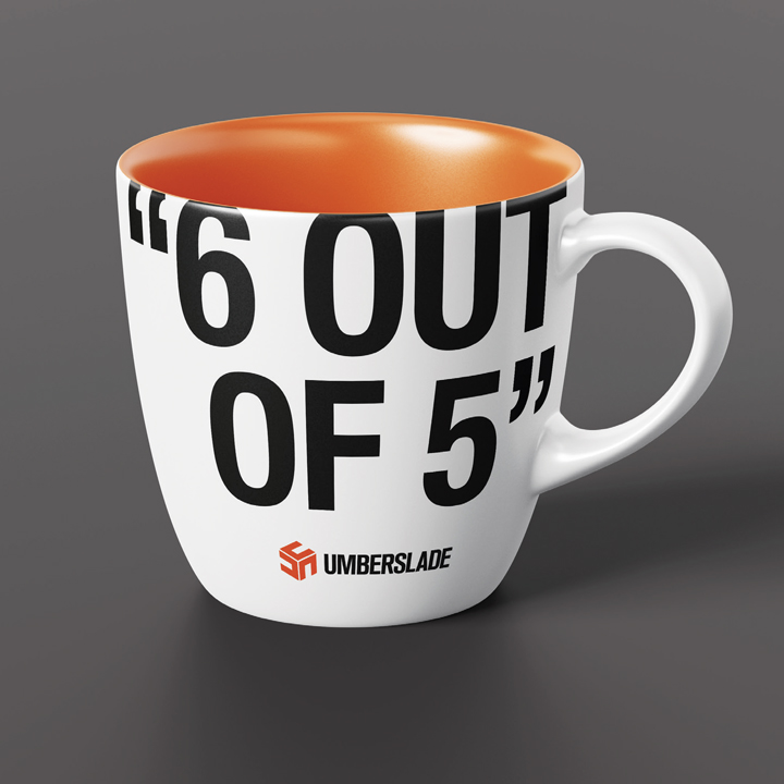 Umberslade brand mug design, Align and pull branding, white mug branding