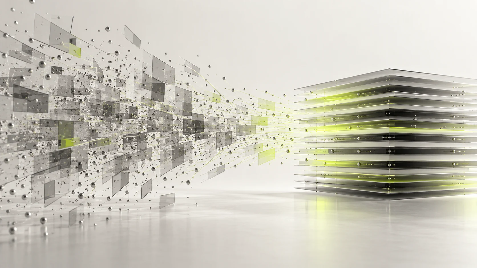 Conceptual data particles and translucent layers resolving into an ordered stack.